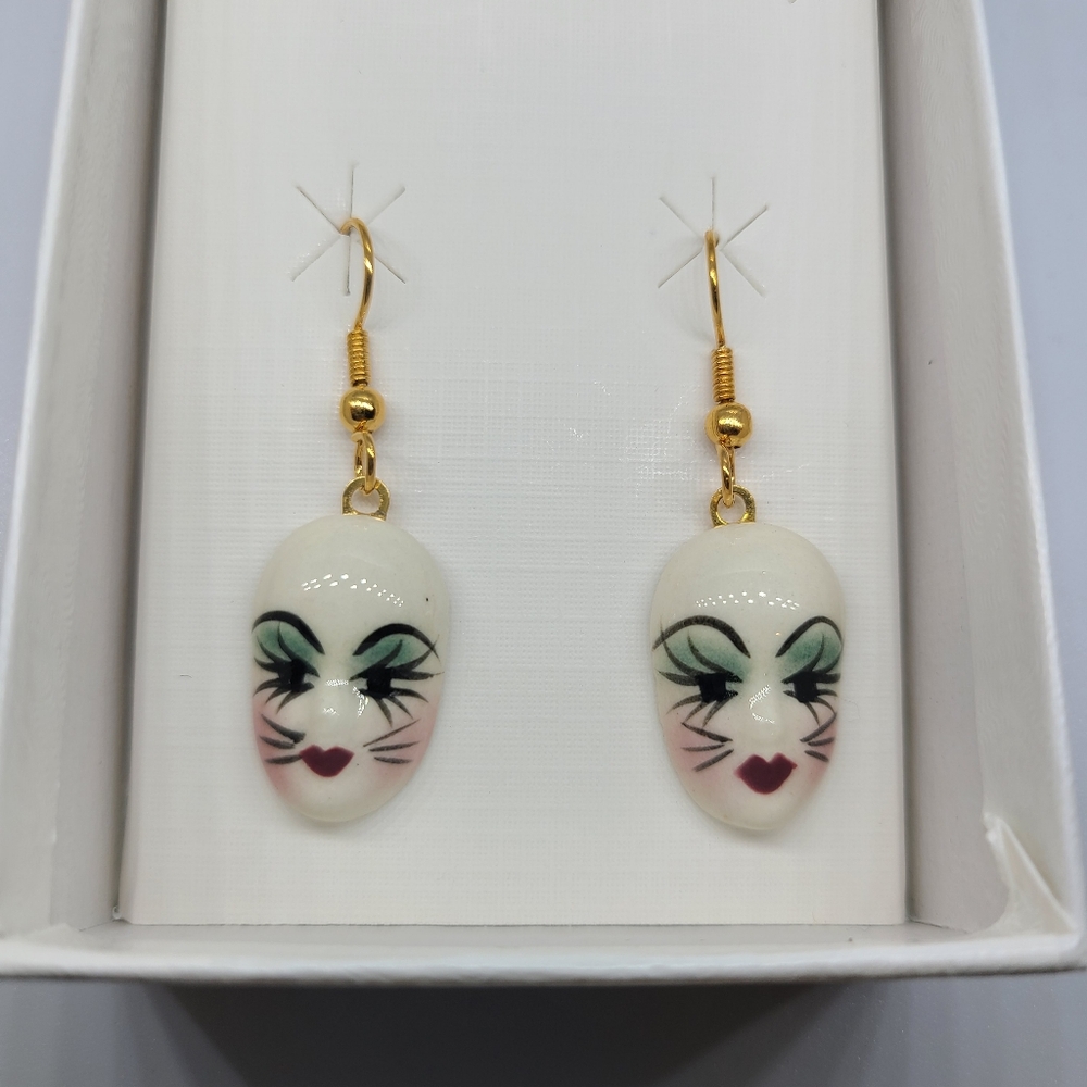 Vintage Fancy Faces Hand Painted Porcelain Mardi Gras Mask Dangle Earrings